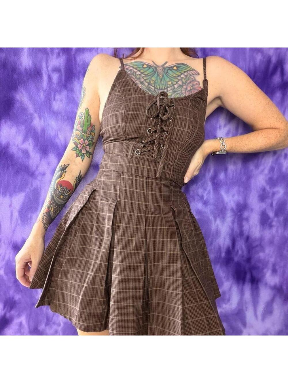 Social Collision brown plaid pleated mini dress